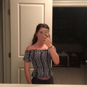 off the shoulder blue bohemian crop top!